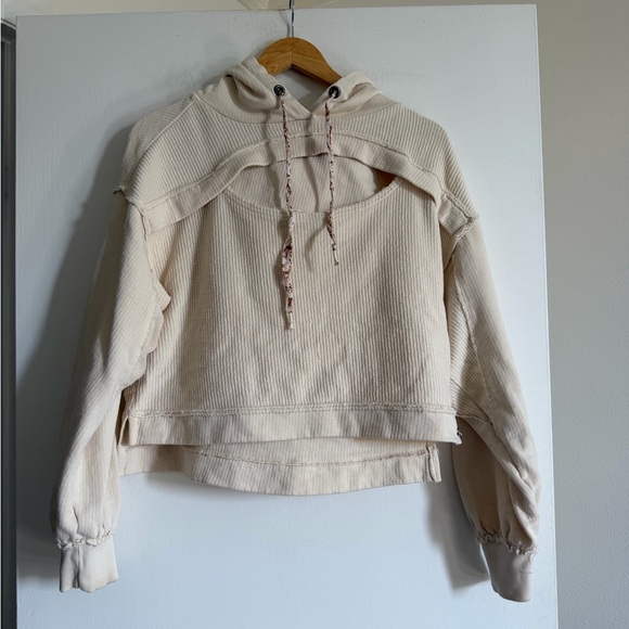 Anthropologie Pilcro Ivory Ribbed Cut Out Hoodie Top size XS EUC - Picture 3 of 8